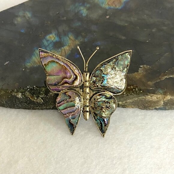 Alpaca Silver Mexico 1.5" Abalone Shell Glitter Butterfly Brooch - Picture 8 of 15